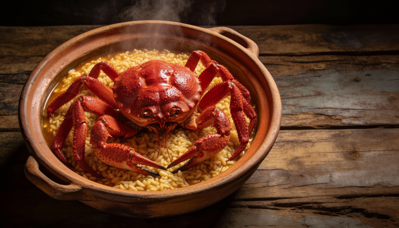 Arroz meloso con buey de mar entero, presentado en cazuela de barro con el crustáceo como protagonista
