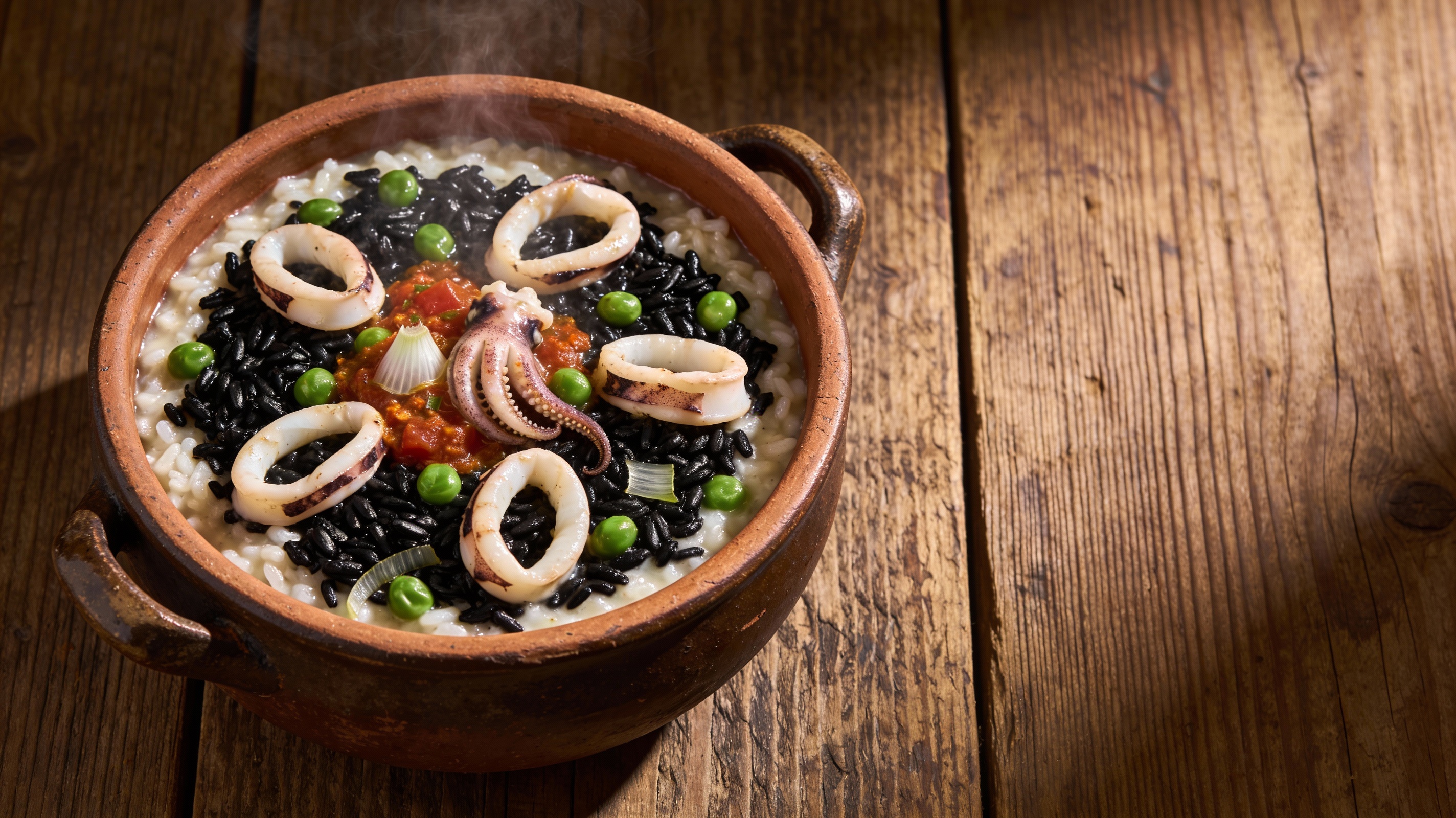 Arroz meloso con calamares en su tinta y guisantes frescos, servido en cazuela de barro