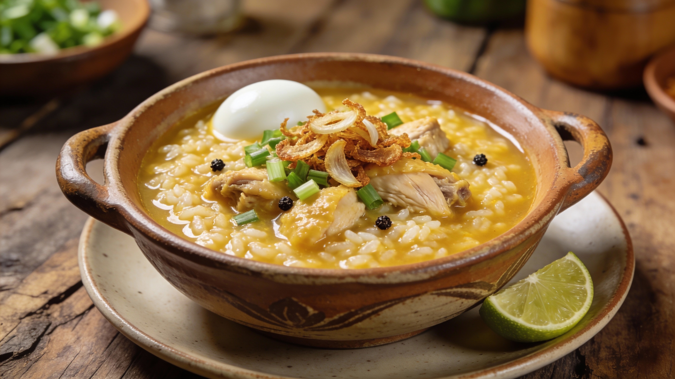 Arroz Caldo Filipino servido en cuenco tradicional con huevo y limón