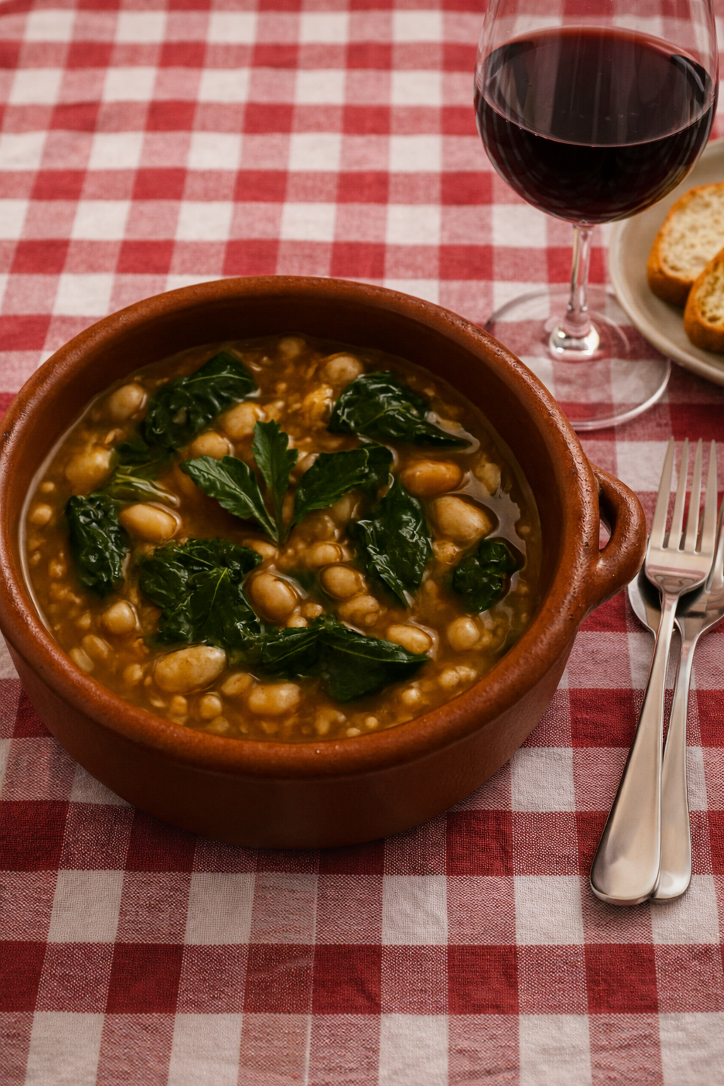 Arroz caldoso servido en cazuela de barro con alubias y acelgas visibles