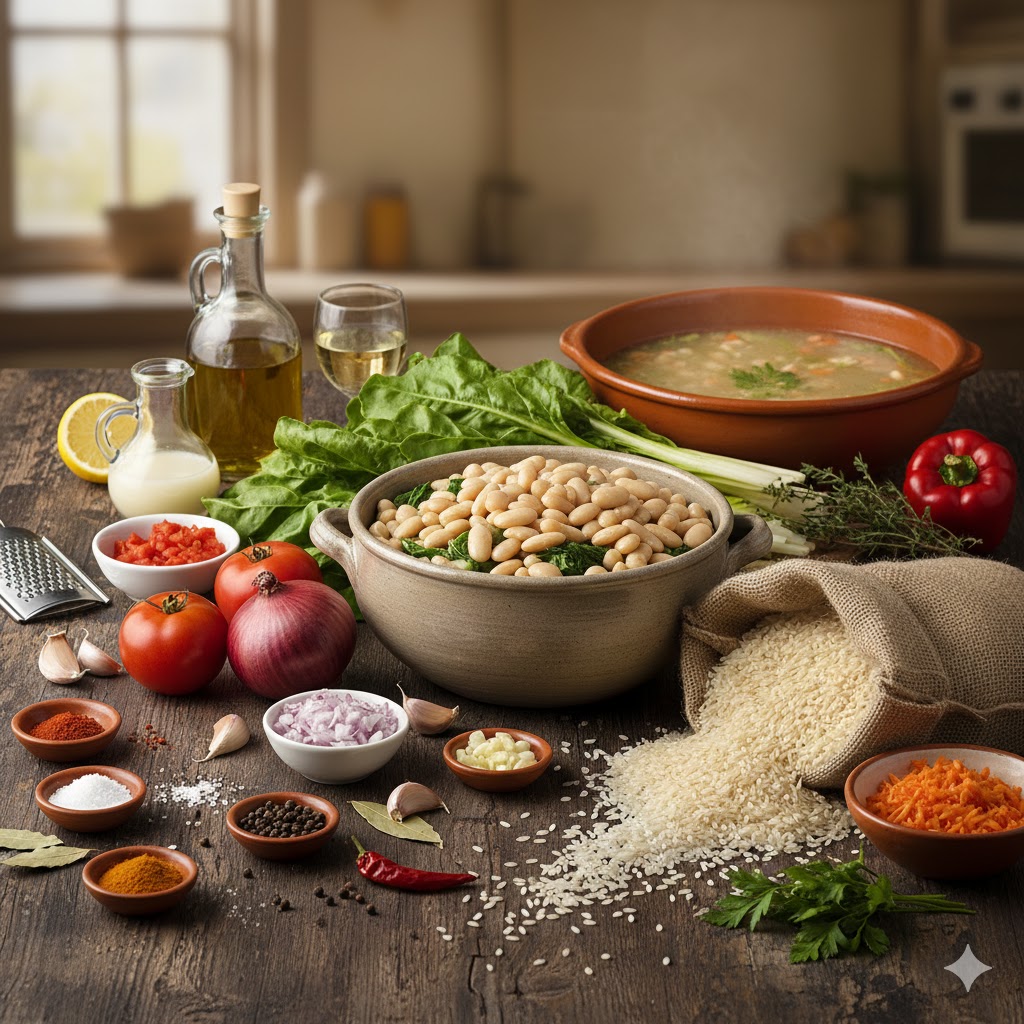 Ingredientes frescos: alubias cocidas, acelgas, arroz, tomate y especias