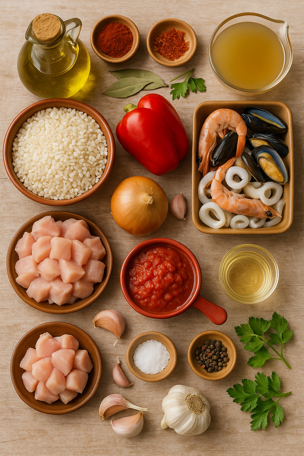 Ingredientes principales: arroz bomba, pollo troceado, gambas, mejillones, pimiento rojo y caldo casero