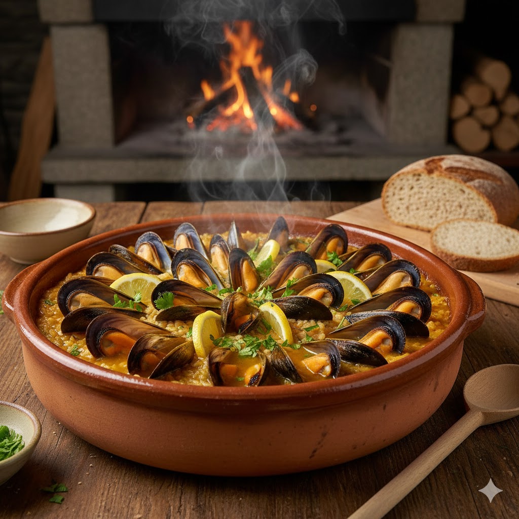 Arroz caldoso de mejillones en cazuela de barro con mejillones abiertos hacia arriba, decorado con perejil y limón