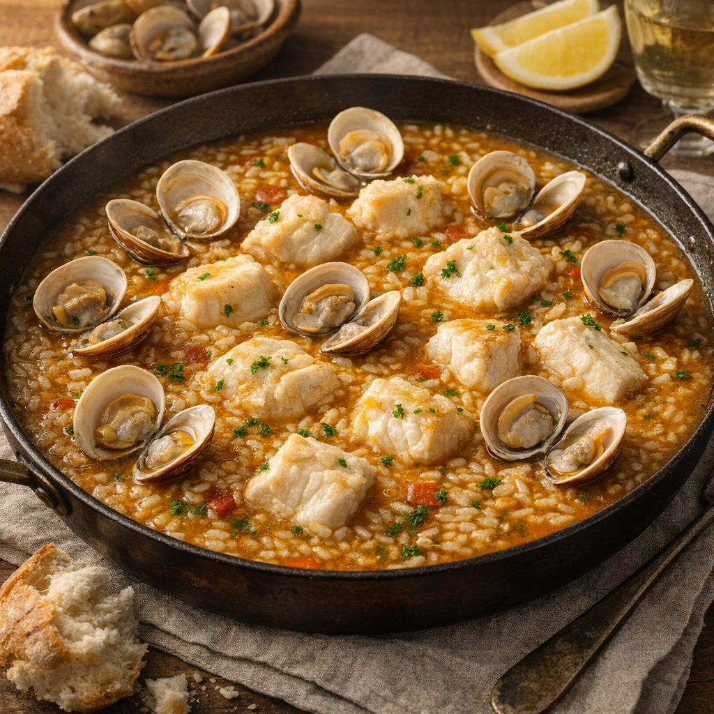 Arroz caldoso de mero y almejas presentado en cazuela baja, con trozos de mero blancos intactos y almejas abiertas hacia arriba