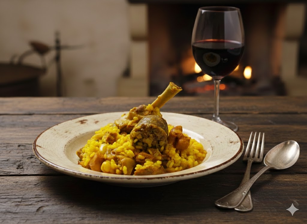 Arroz caldoso de pato con alubias y nabo en cazuela, con los muslos de pato enteros mostrando su piel dorada y las alubias y nabos entre el arroz
