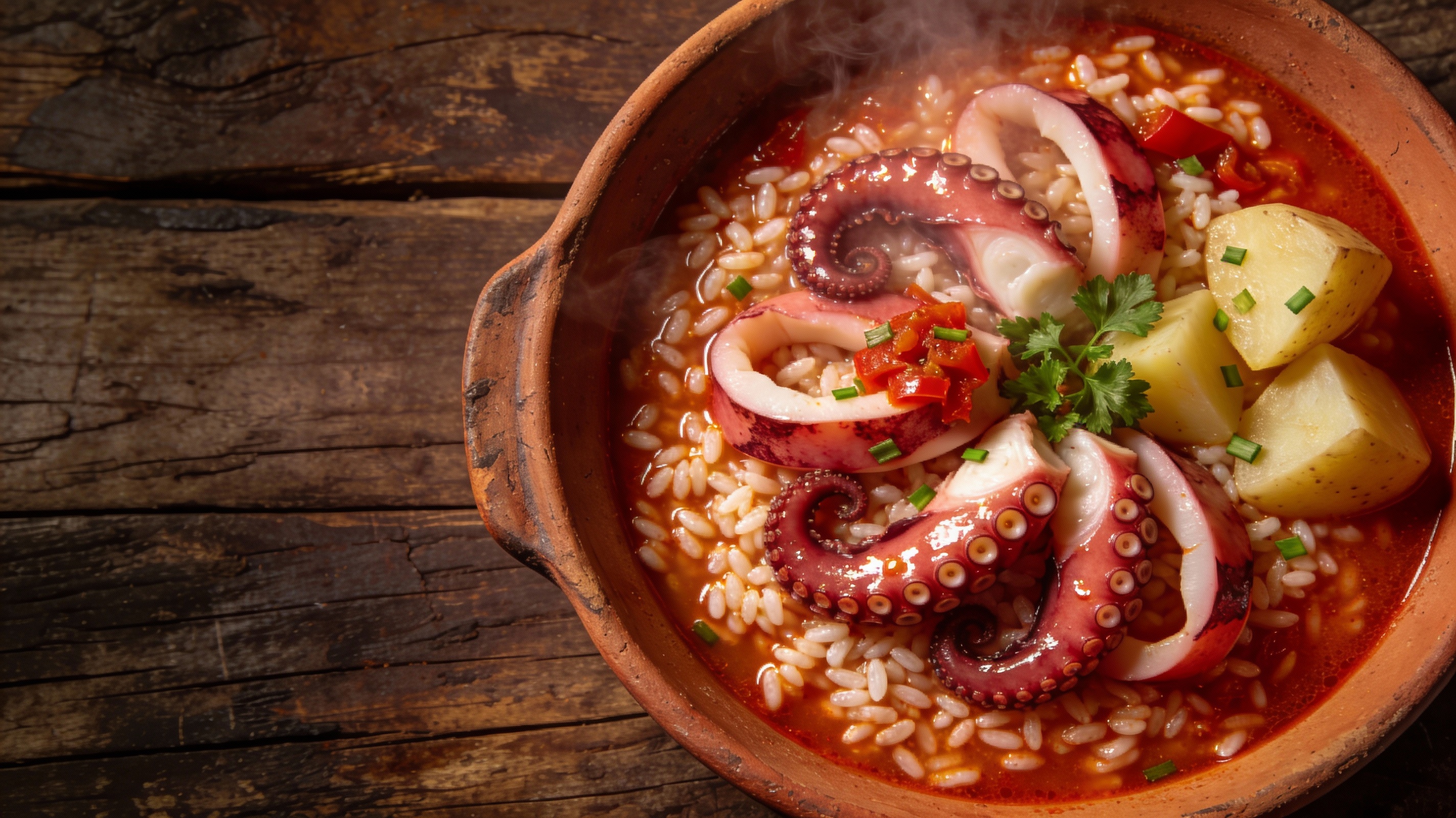 Arroz caldoso con pulpo servido en cazuela de barro, con pulpo tierno y arroz meloso