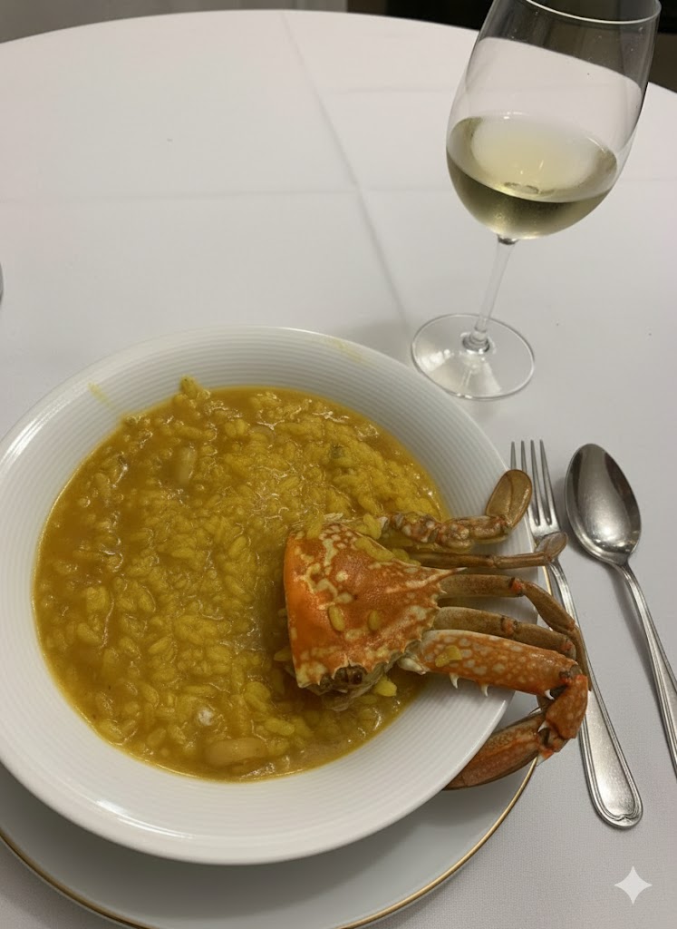 Arroz meloso servido en cazuela con pinzas de cangrejo visibles