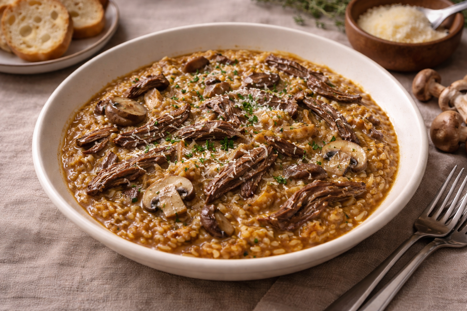 Arroz meloso servido con setas visibles y carrilleras deshebradas