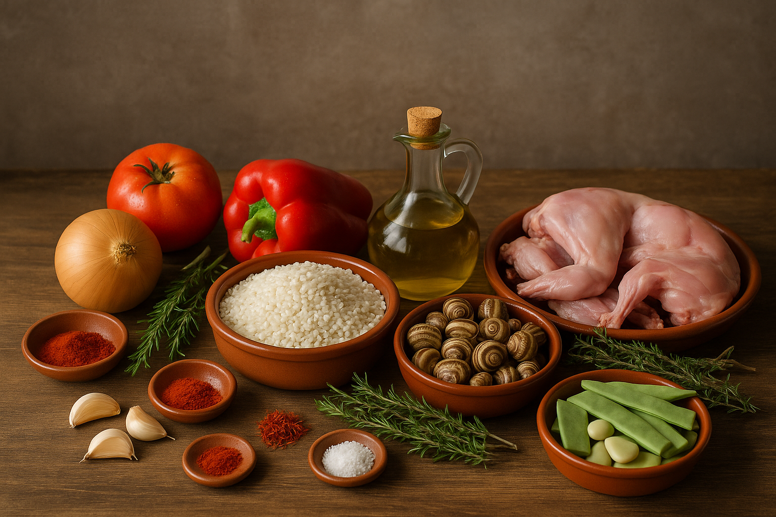 Ingredientes para arroz con conejo y caracoles: conejo troceado, caracoles, tomate, ajo, arroz y romero