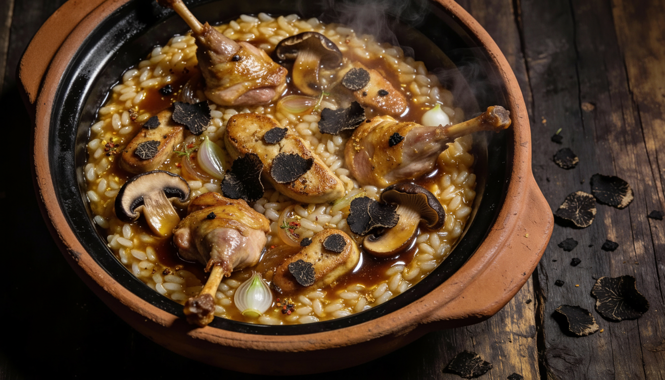 Arroz meloso con conejo, foie y boletus en cazuela de barro con salsa sedosa y virutas de trufa negra