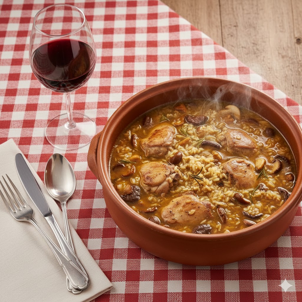 Arroz meloso servido en cazuela de barro individual con trozos de conejo dorados y setas salteadas