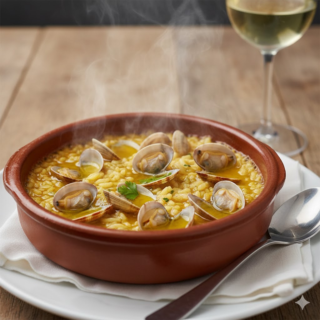 Arroz caldoso servido en cazuela de barro individual con caldo dorado y coquinas abiertas mostrando su carne