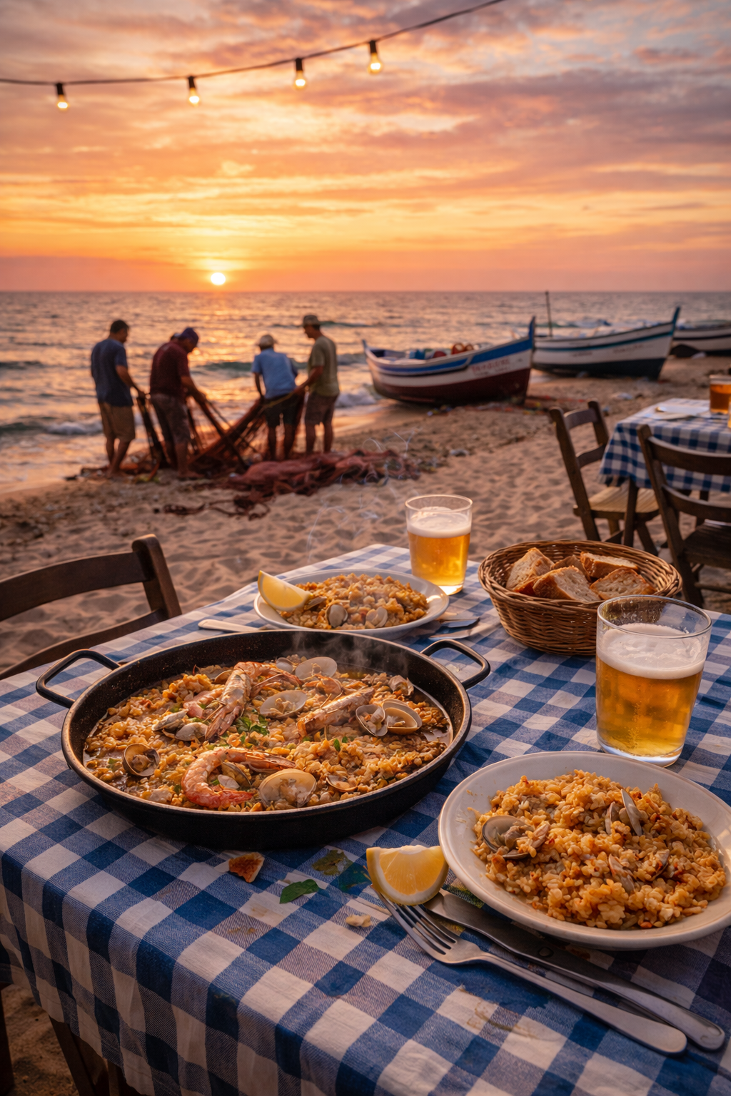 Playa mediterránea al atardecer con pescadores recogiendo redes y barcas varadas en la arena