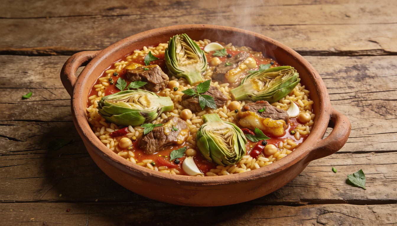 Arroz meloso de cordero y alcachofas en cazuela de barro con salsa cremosa y hierbabuena fresca