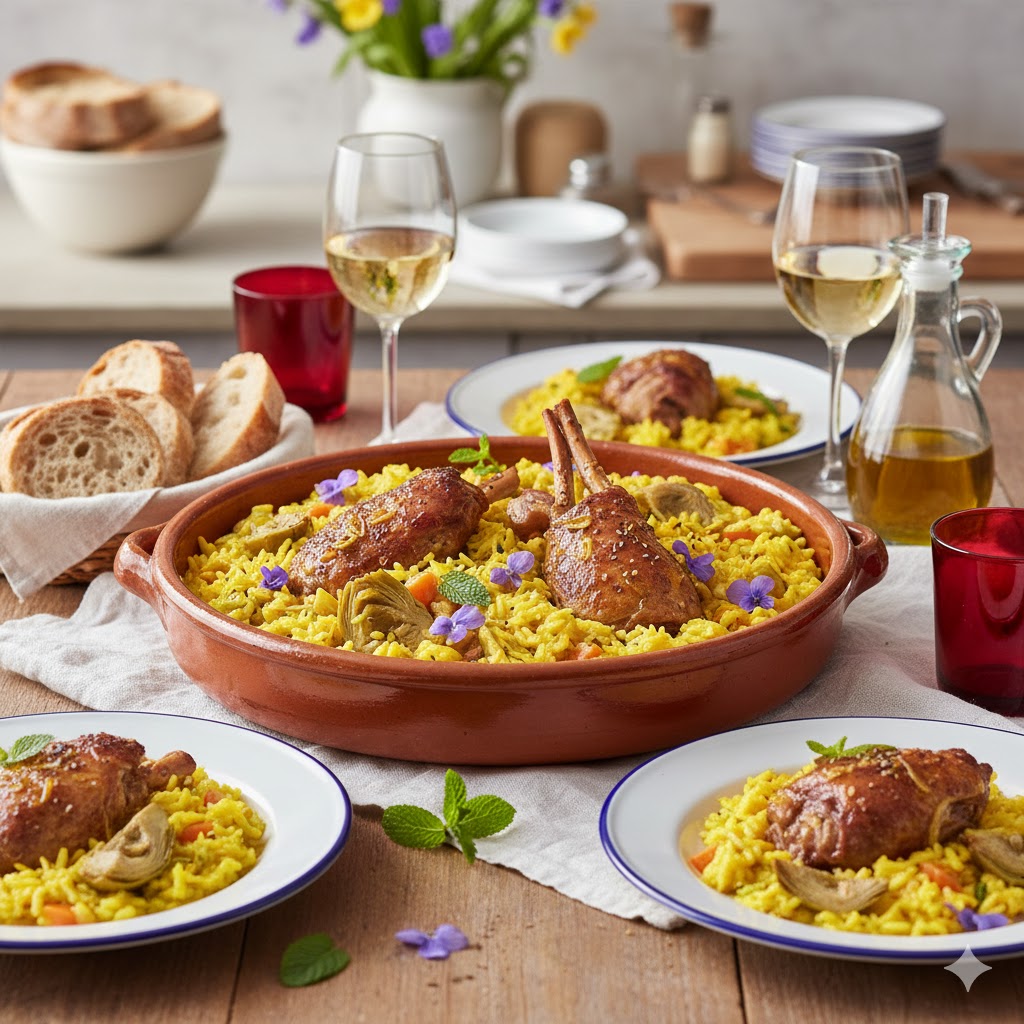 Arroz meloso servido en cazuela con trozos de cordero tierno, corazones de alcachofa y salsa sedosa