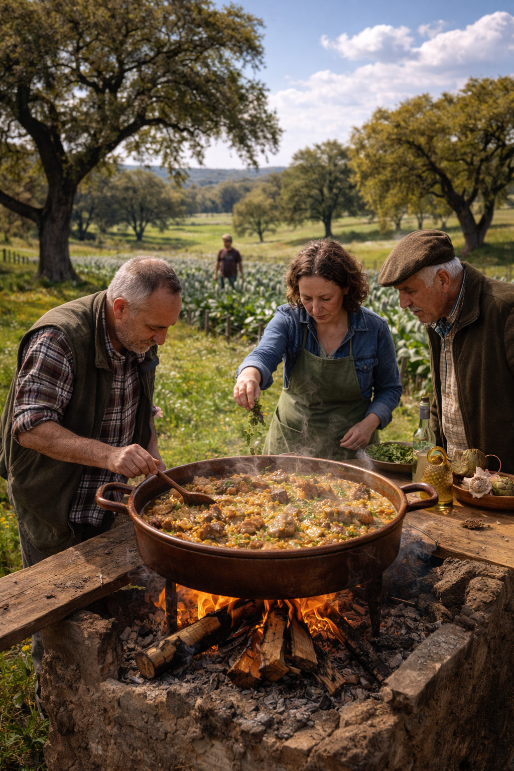 Paisaje primaveral de dehesa con corderos pastando y huertos de alcachofas al fondo