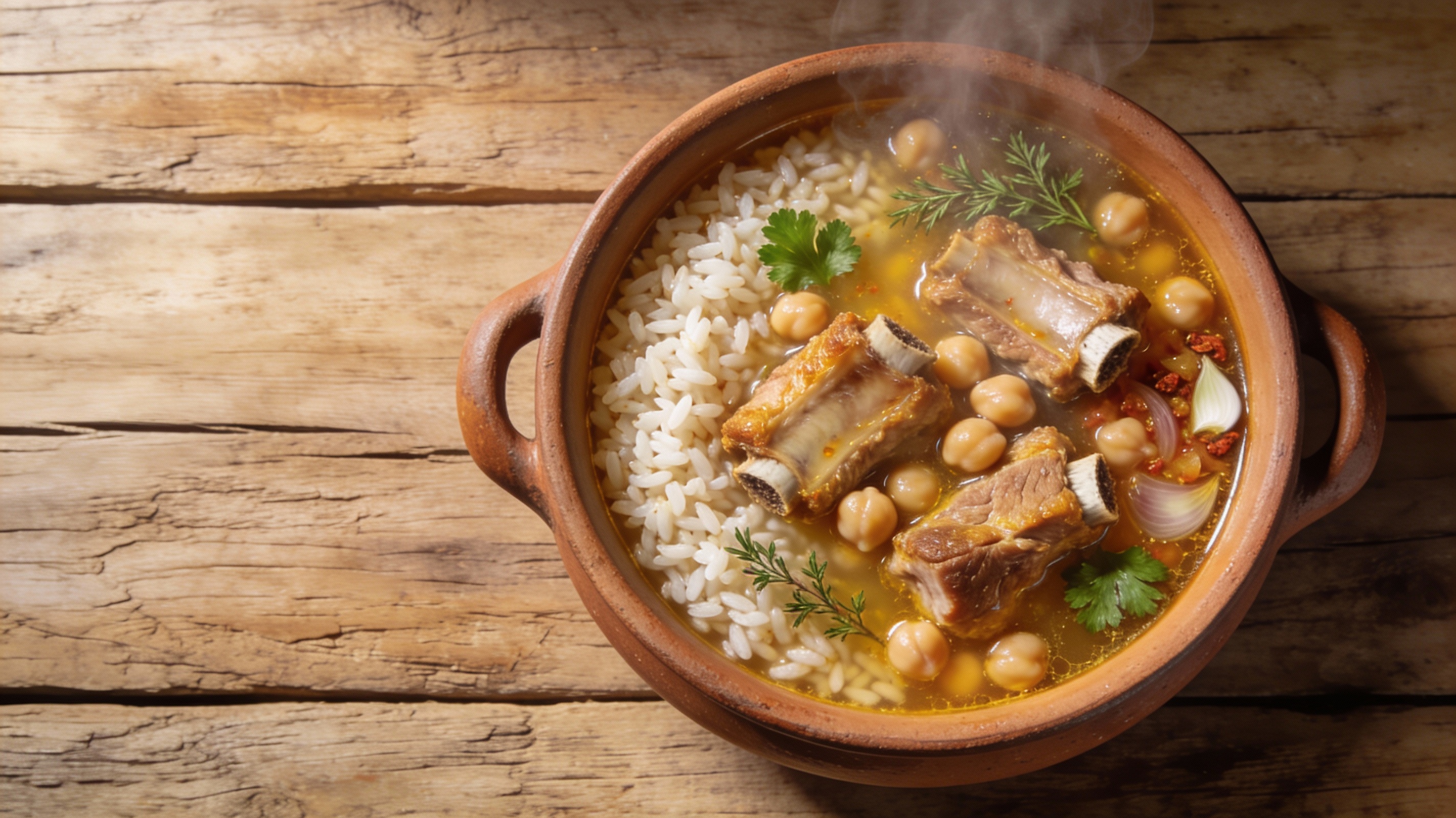 Arroz caldoso de costillas y garbanzos en cazuela de barro con caldo dorado y hierbas frescas