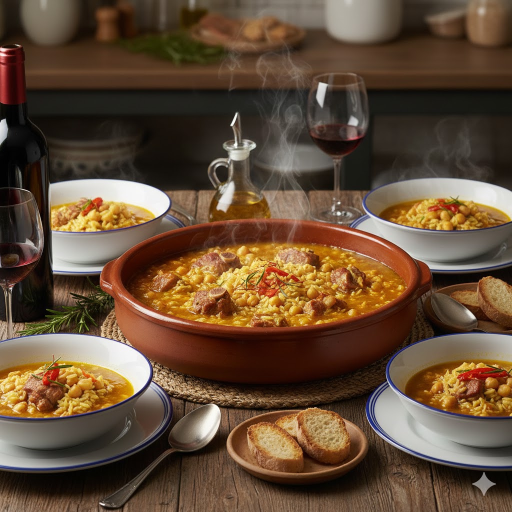 Arroz caldoso servido en cuenco con costillas tiernas, garbanzos enteros y caldo dorado espolvoreado con perejil