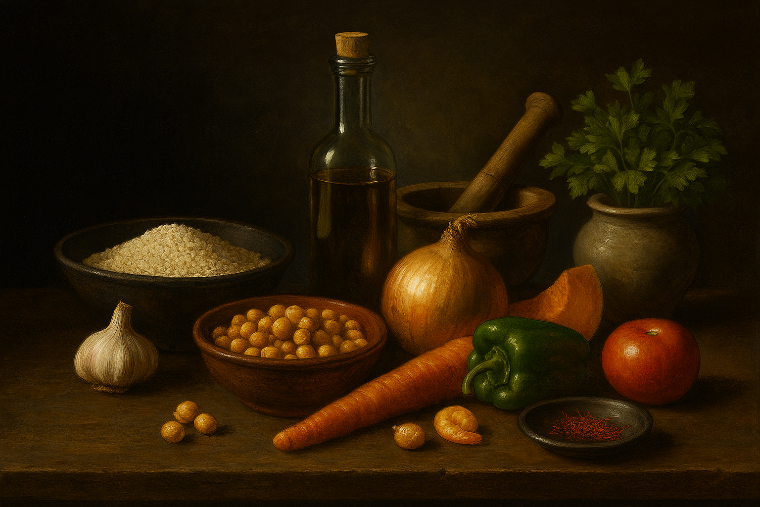 Ingredientes del Arroz de Escribano: garbanzos, arroz bomba, cebolla, pimiento, zanahoria, calabaza, tomate y especias