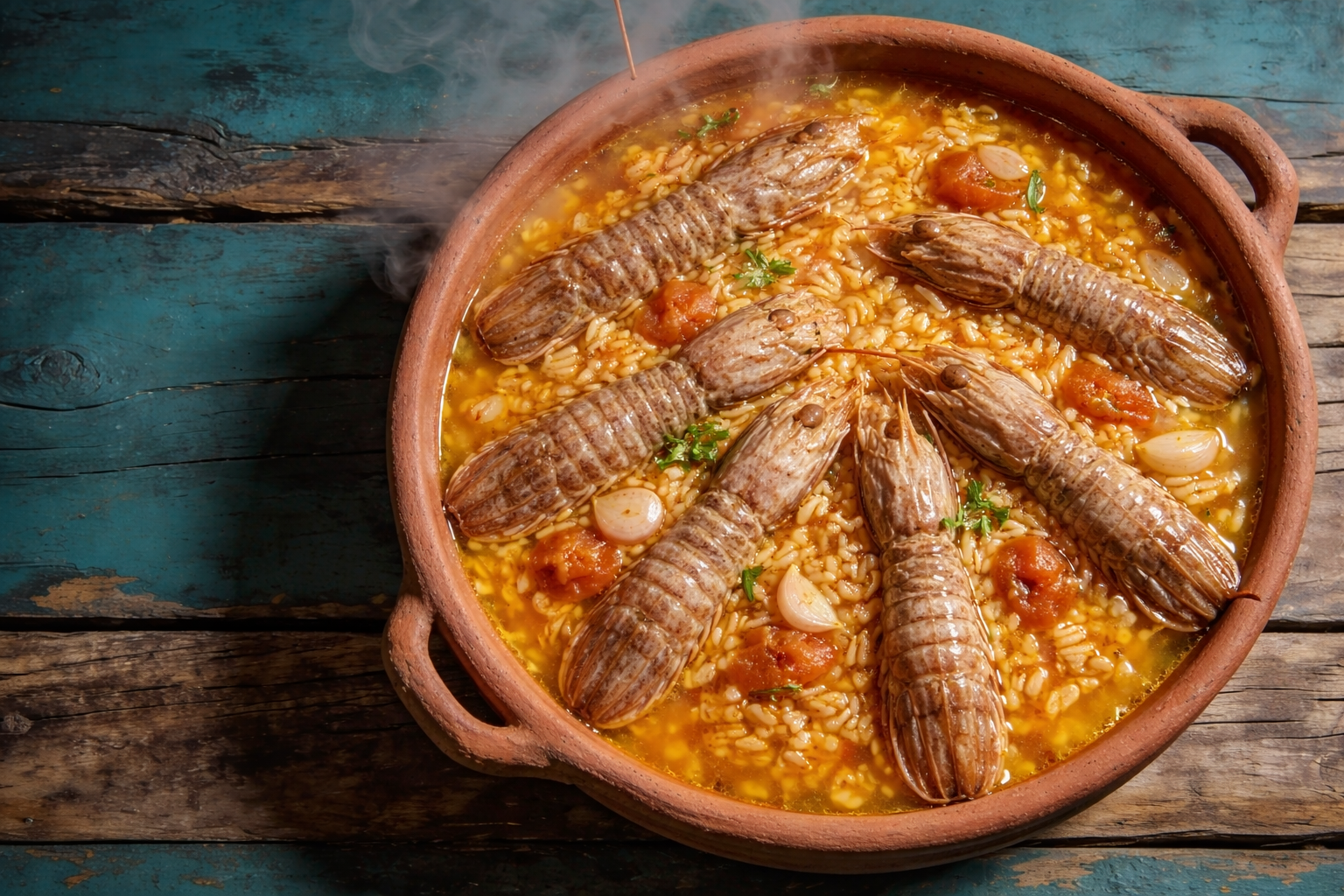 Arroz meloso de galeras servido en cazuela de barro con los crustáceos enteros y caldo dorado azafranado