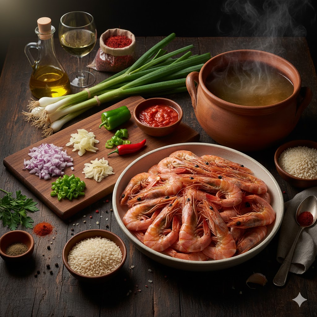 Gambas frescas con cabeza, ajos tiernos, arroz bomba, cebolla, tomate y especias
