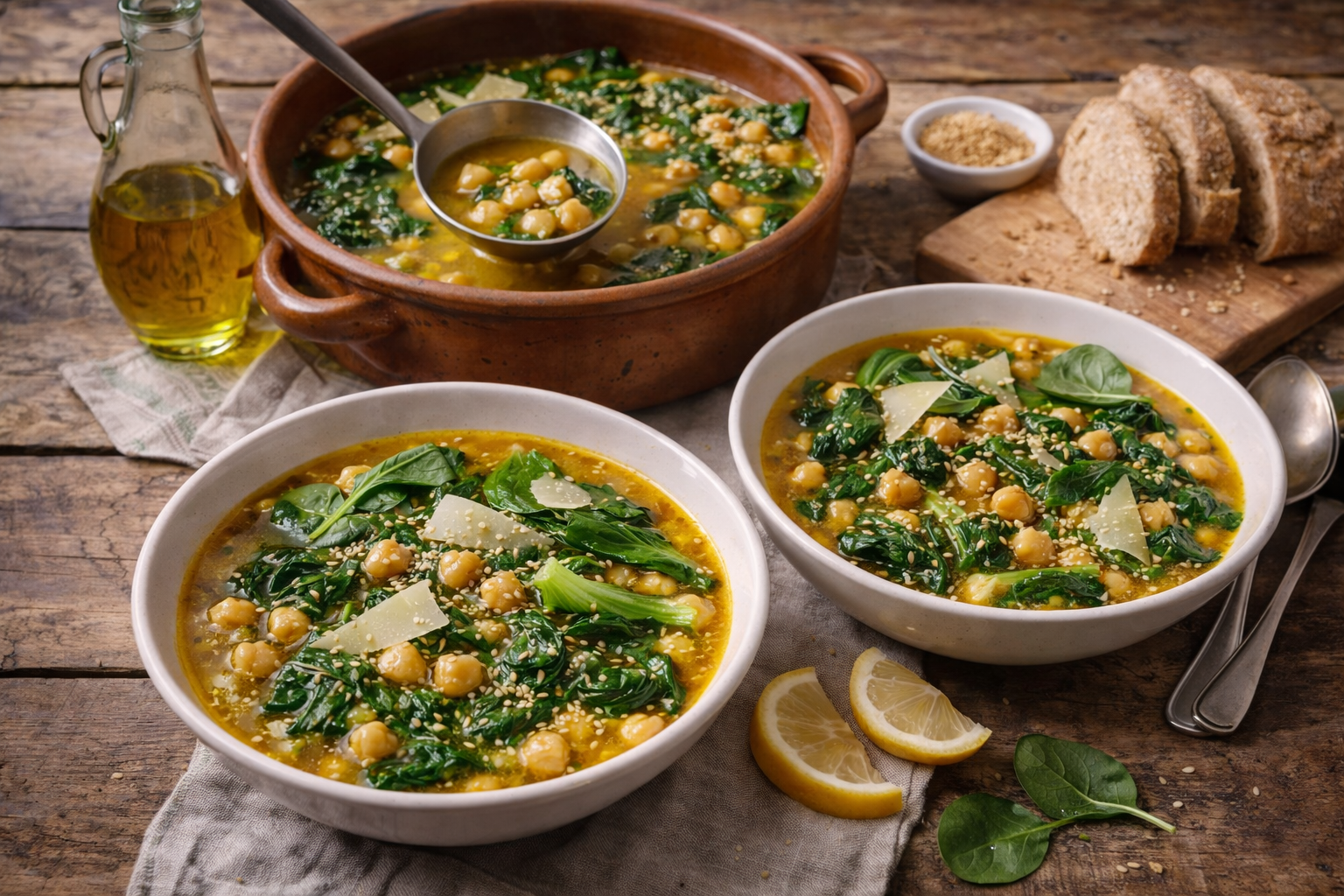 Arroz caldoso servido en cuenco con garbanzos enteros, espinacas verdes y caldo dorado