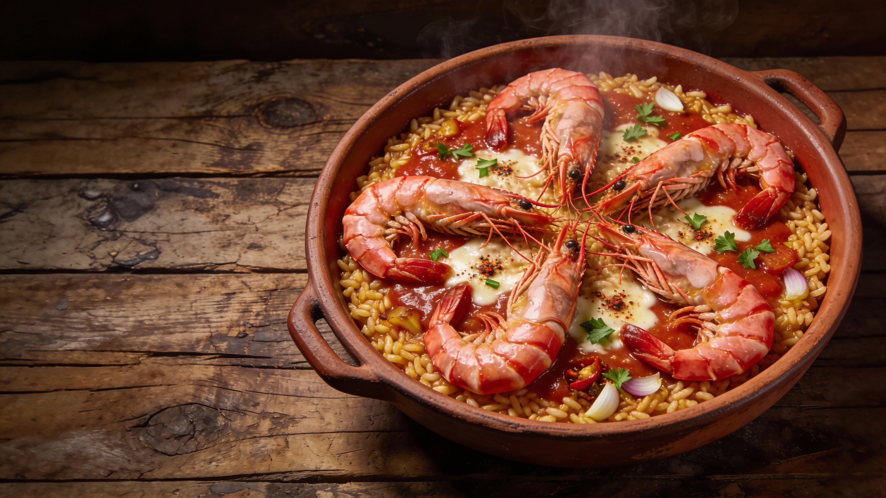 Arroz meloso de langostinos en cazuela de barro con salsa cremosa y perejil fresco