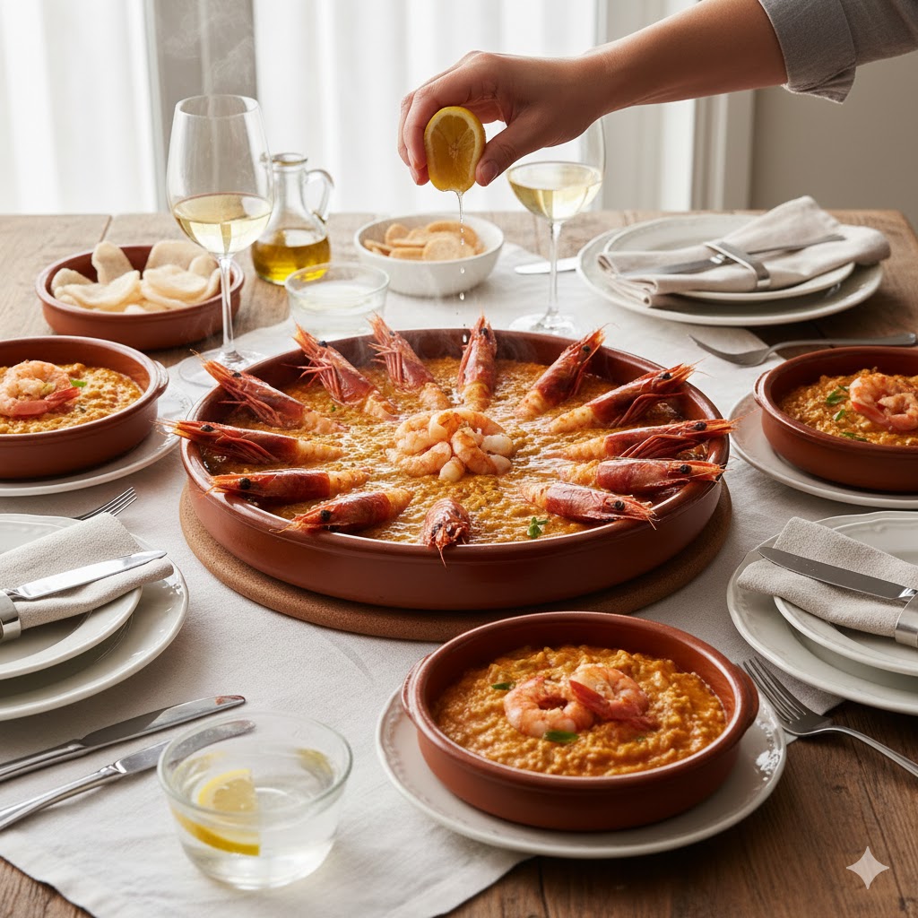 Ría gallega al atardecer con barcas de pesca tradicionales y bateas donde se crían los langostinos