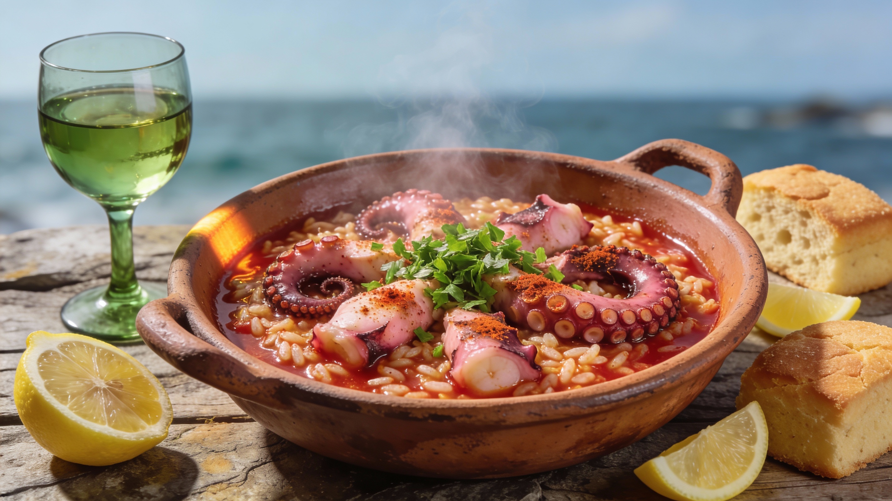 Arroz malandrinho de pulpo servido en cazuela de barro con pulpo tierno, pimentón y perejil