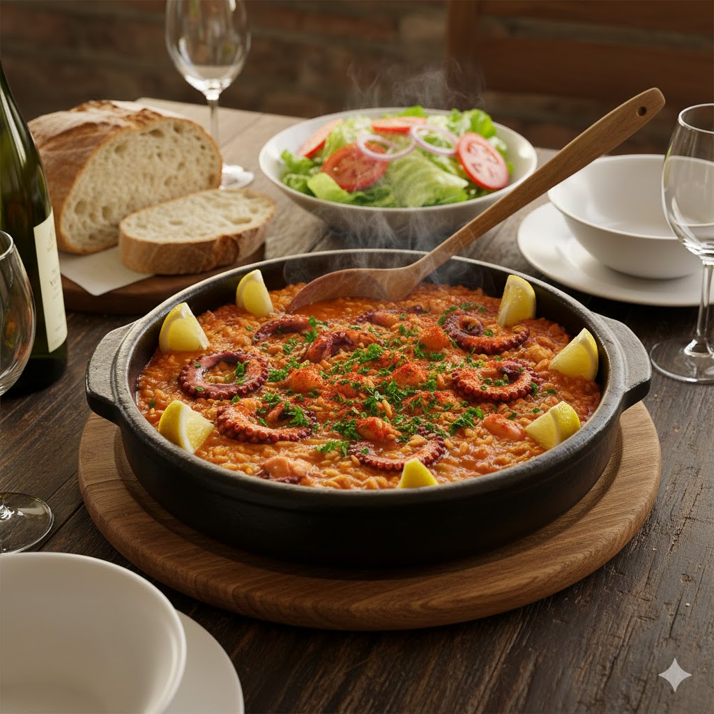 Arroz malandrinho de pulpo en cazuela de barro con perejil fresco y gajos de limón