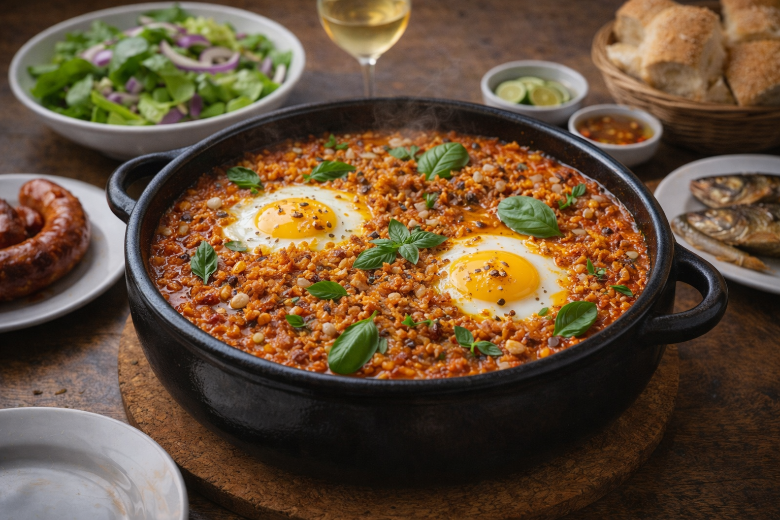 Arroz malandrinho de tomate en cazuela de barro con huevos al horno, hierbas frescas y ajo frito