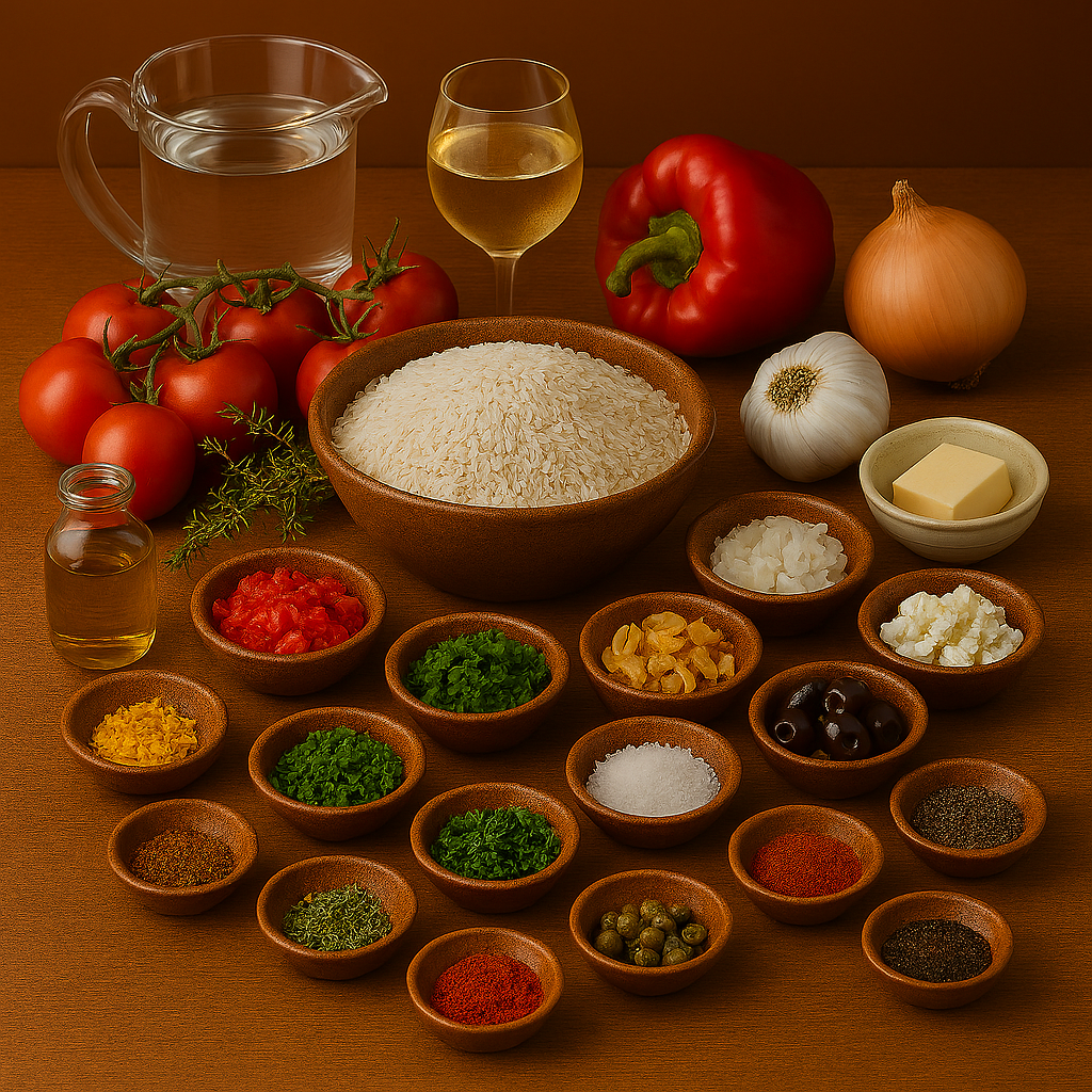 Ingredientes para arroz malandrinho de tomate: tomates maduros, arroz carolino, hierbas frescas, ajo y aceite de oliva