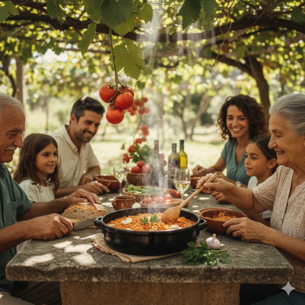 Huerto familiar en el Alentejo con tomates maduros y cazuela de barro en mesa rústica