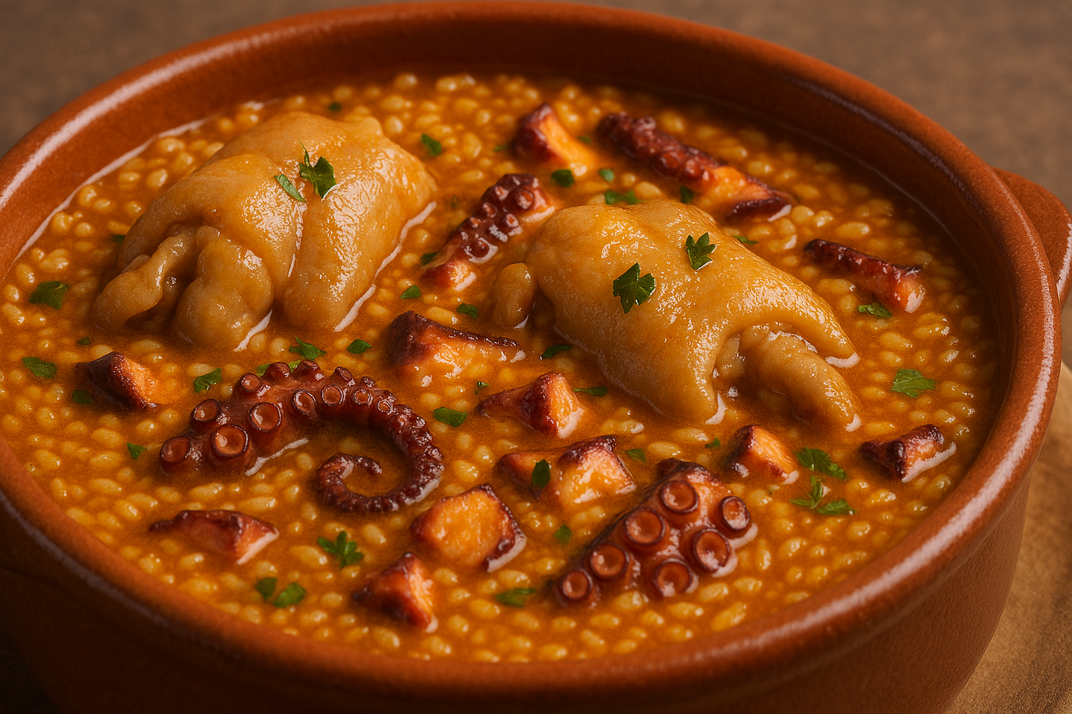Arroz meloso servido en cazuela con trozos de manita de cerdo, rodajas de pulpo y salsa sedosa