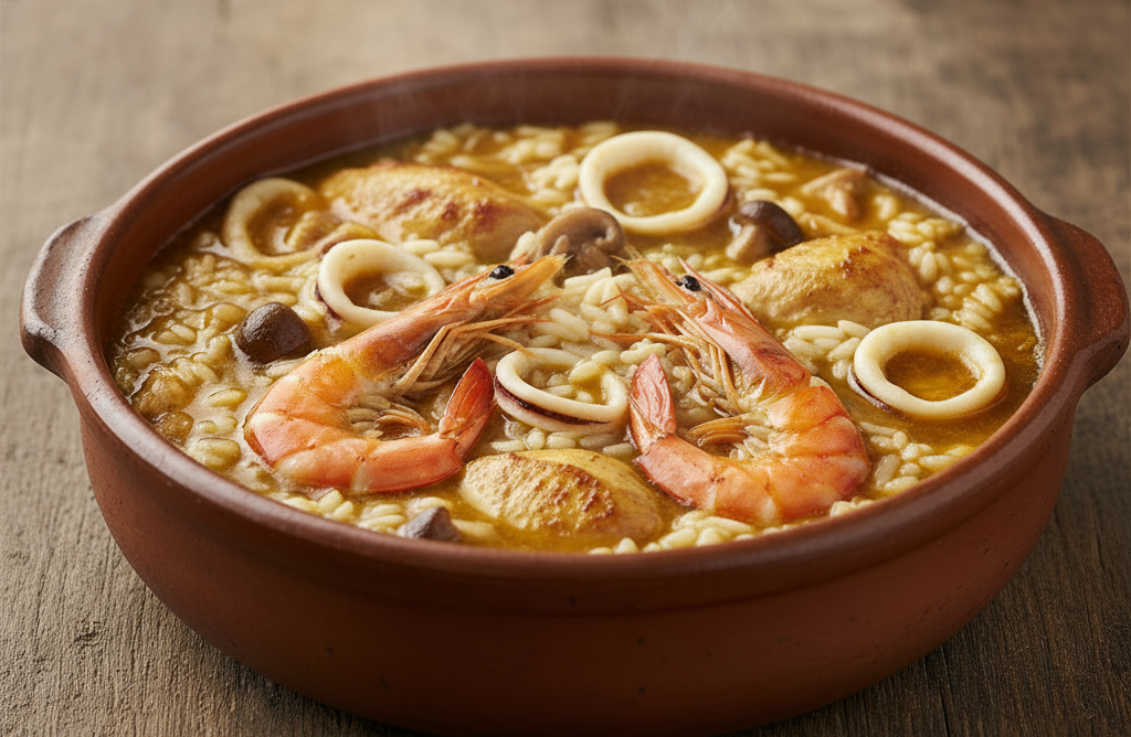Arroz meloso mar y montaña en cazuela de barro con gambas, pollo, setas y calamares en salsa sedosa