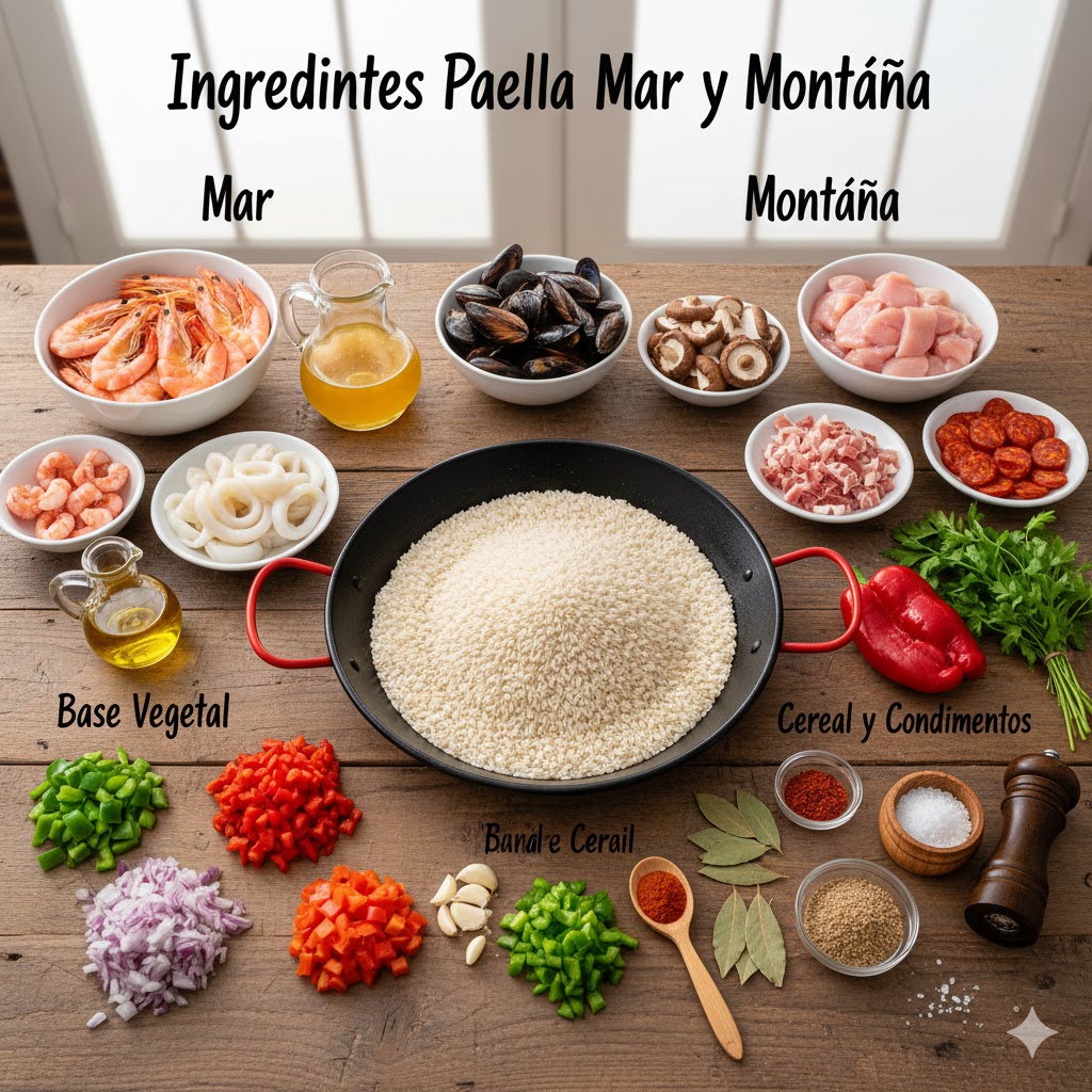 Gambas, calamares, pollo, setas, jamón, arroz, verduras y especias para arroz mar y montaña