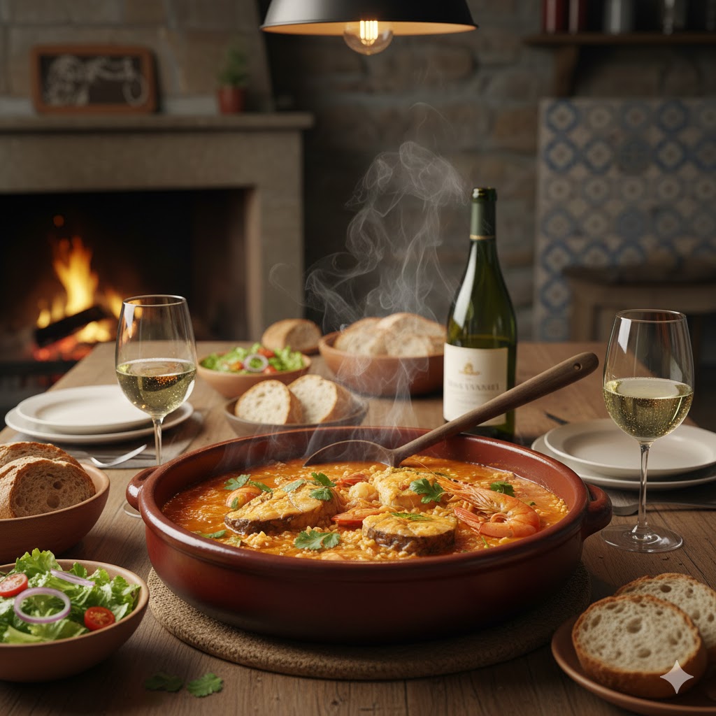 Arroz de marisco portugués servido en cazuela de barro con limón y perejil