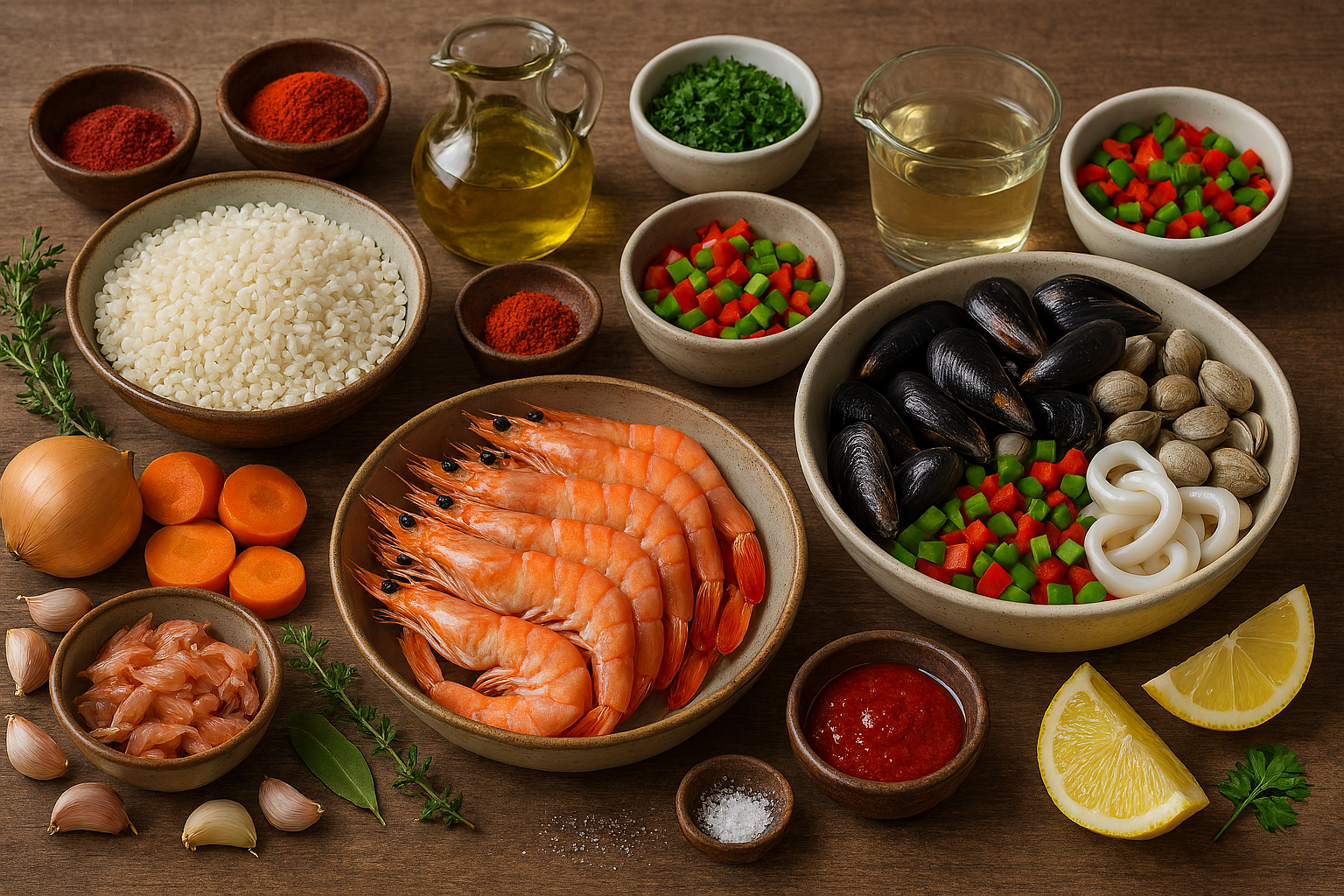 Ingredientes del arroz de marisco portugués: marisco fresco, pimientos, arroz carnaroli y especias