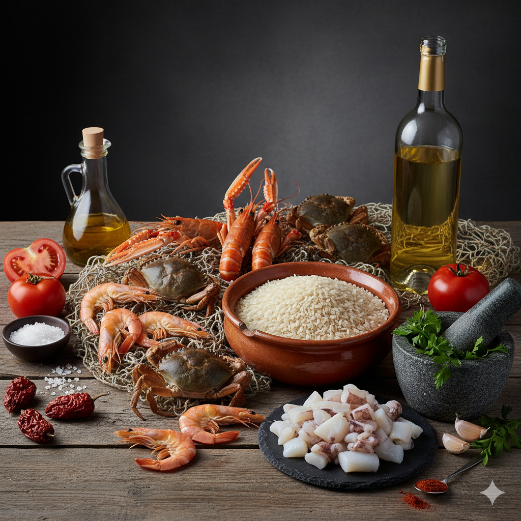 Ingredientes para arroz meloso de marisco con sepia y ñora