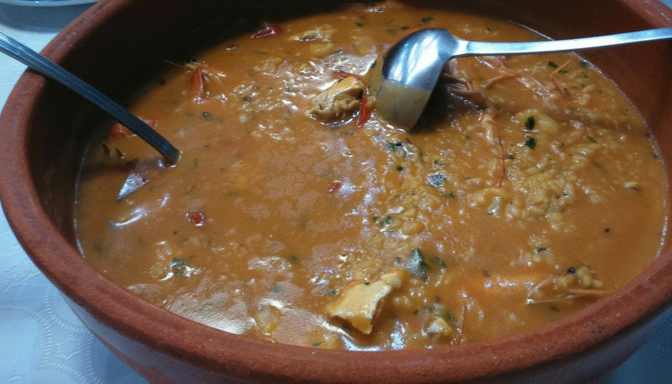 Arroz meloso con nécora en cazuela de barro, con nécoras enteras y semienterradas en el arroz cremoso