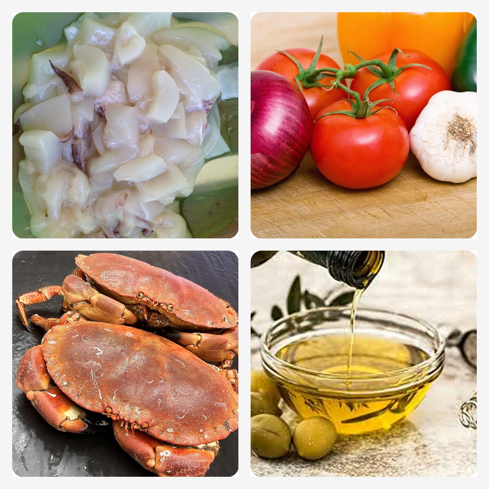 Ingredientes principales: nécoras vivas de caparazón azul, arroz bomba, sepia, gambas y verduras para el sofrito