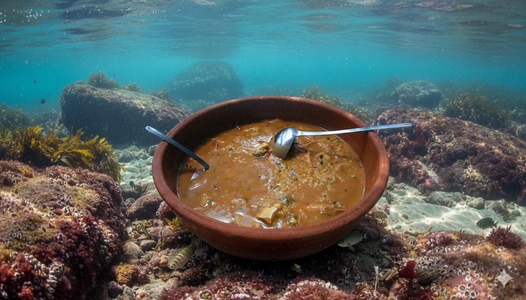 Paisaje de ría gallega al amanecer, con barcas de mariscadores y rocas donde se esconden las nécoras