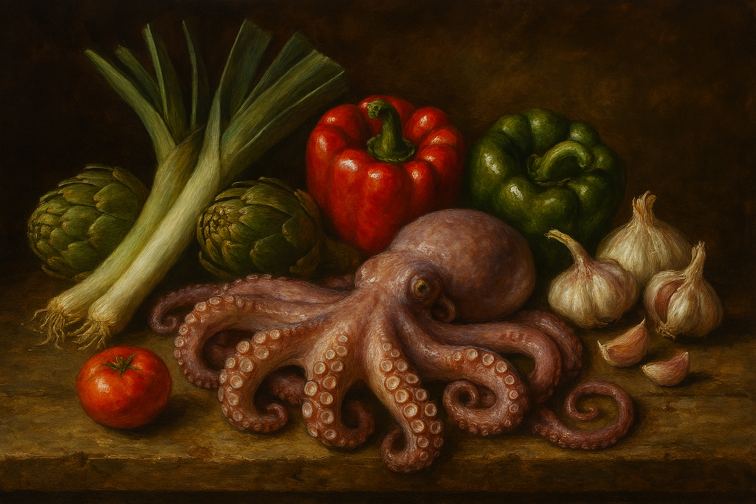 Ingredientes principales: pulpo gallego, corazones de alcachofa, puerro, pimientos rojo y verde, arroz bomba