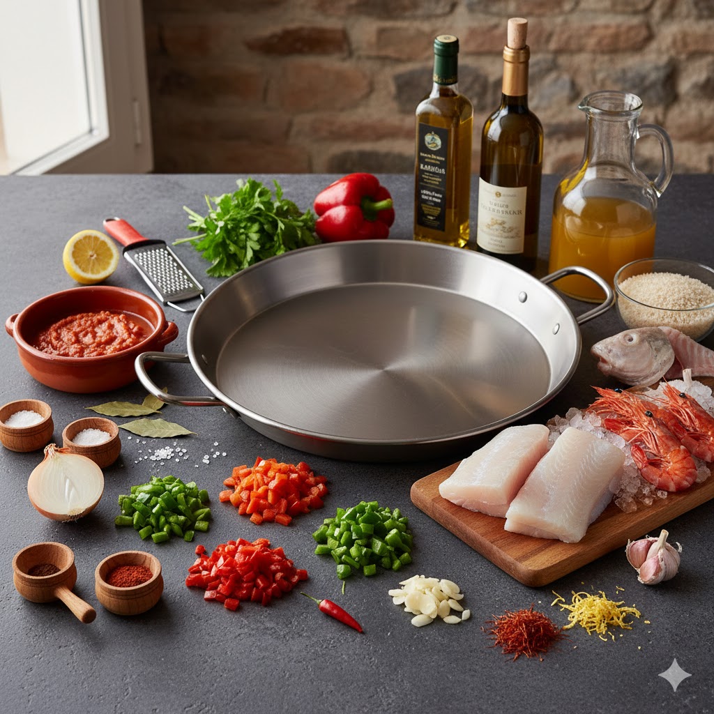 Ingredientes principales: lomos de rape blancos, gambas rojas con cabeza, arroz bomba y verduras para sofrito