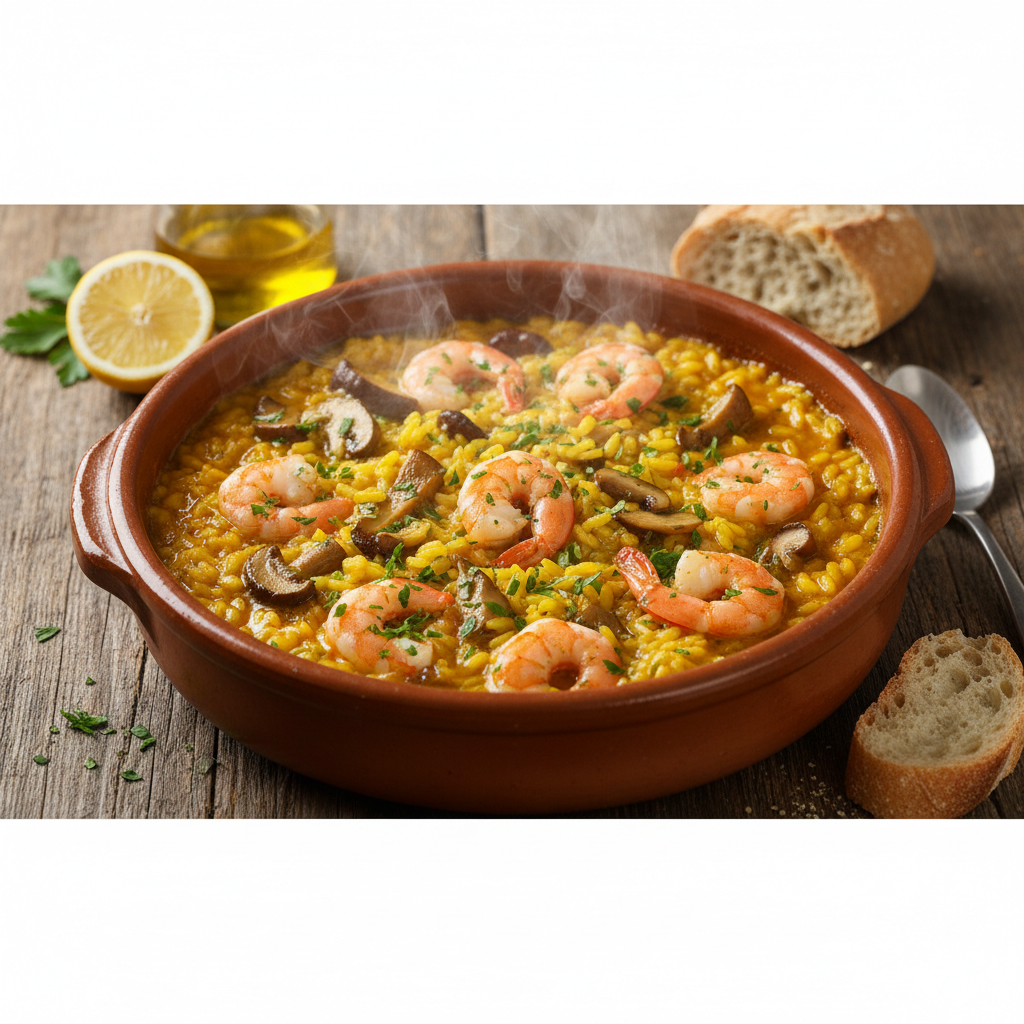 Arroz meloso con setas y gambas en cazuela de barro, humeante y con perejil fresco