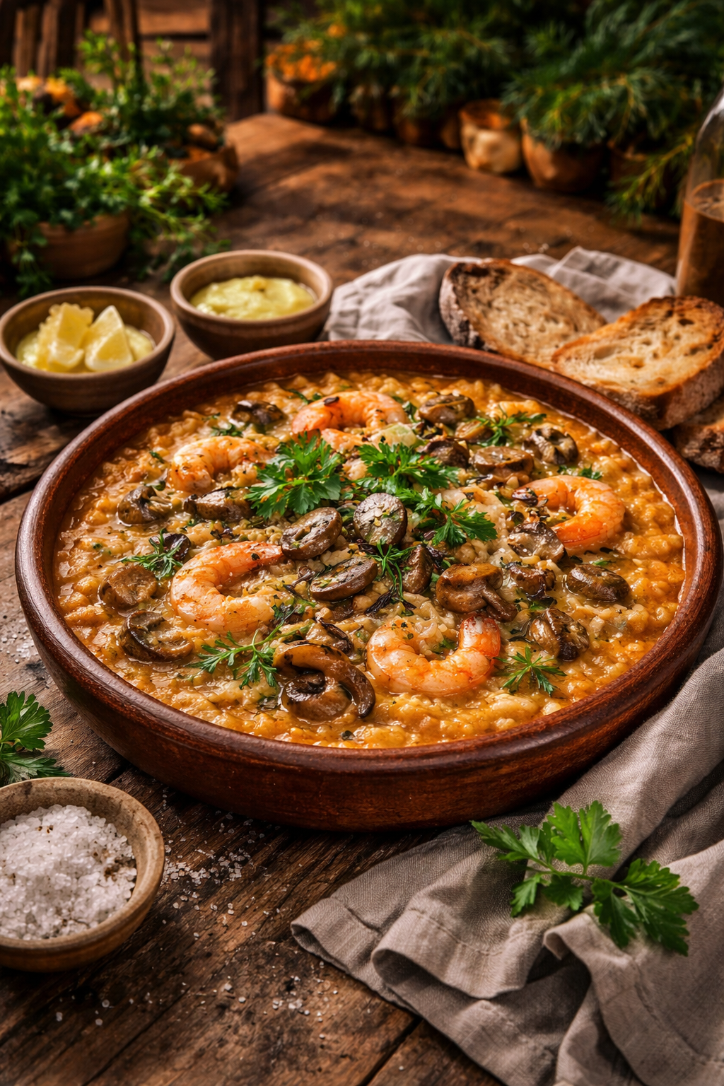 Presentación final del arroz meloso en mesa rústica con elementos naturales