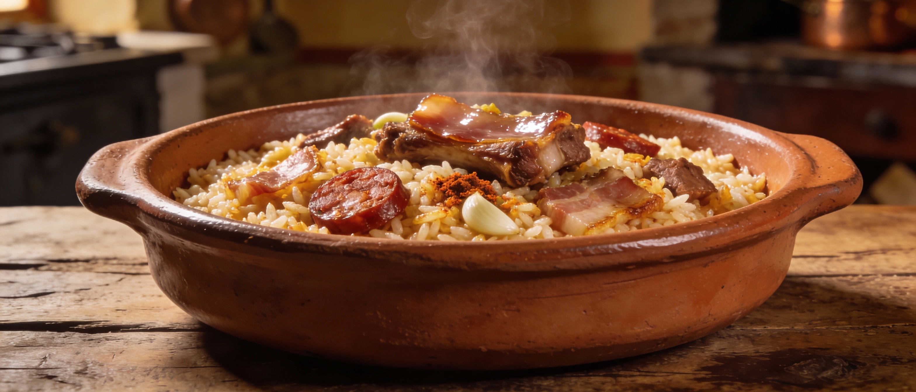 Arroz montañés tradicional servido en cazuela de barro humeante, con alubias blancas, costilla, morcilla y chorizo