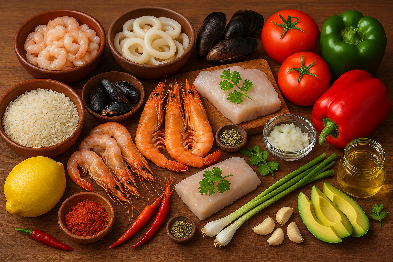 Variedad de mariscos frescos para el asopao: camarones, calamares, mejillones y pescado