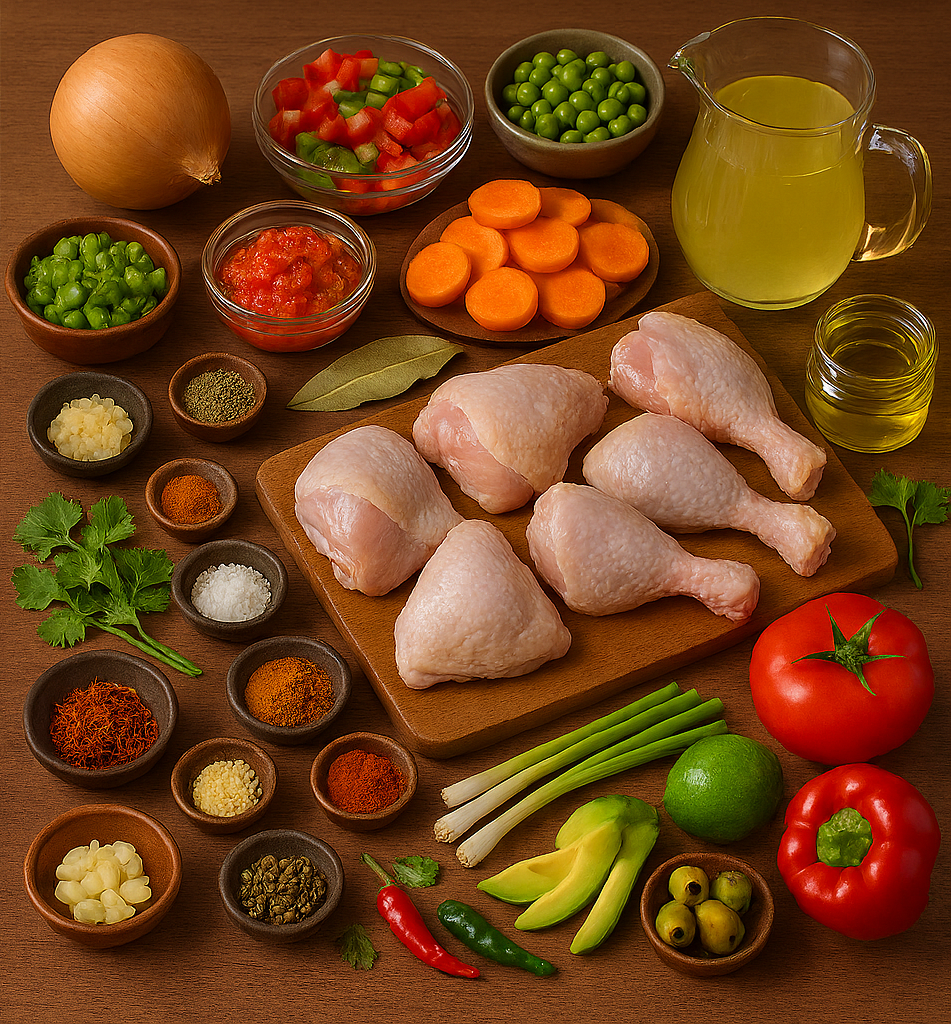 Ingredientes tradicionales para el asopao de pollo: pollo, arroz, sofrito criollo