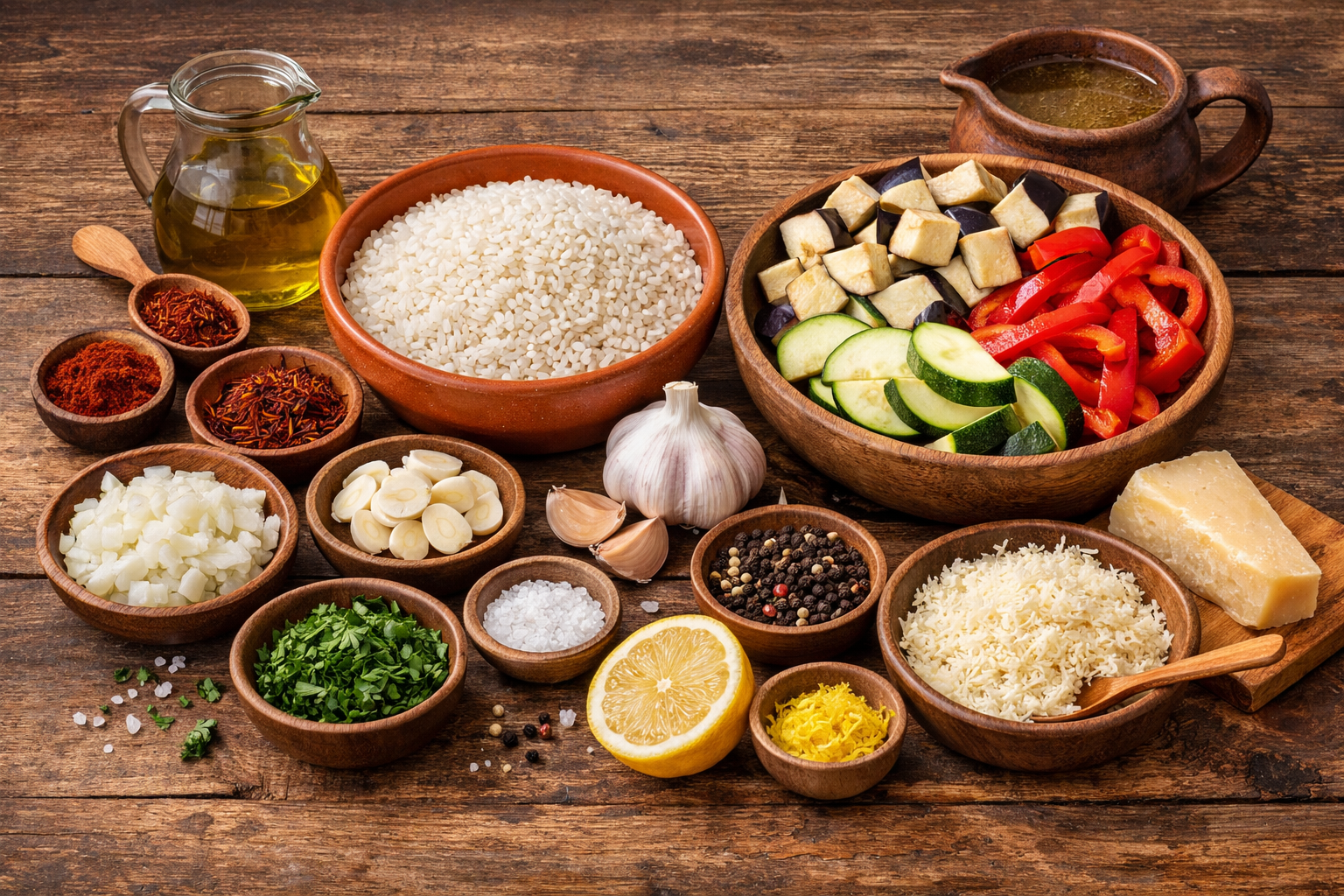 Ingredientes para arroz meloso: arroz bomba, berenjena, calabacín, cebolla, ajo, pimiento rojo y especias